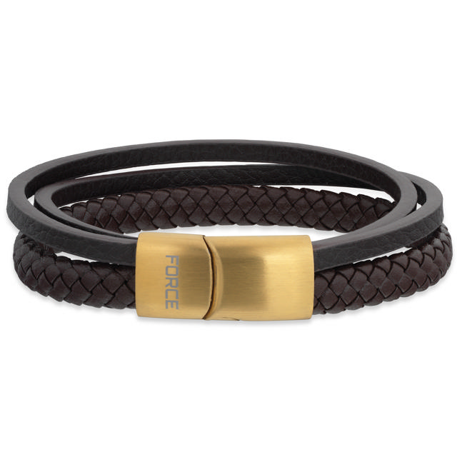 Force armbånd 3 rk. brunt læder fg stål lås 23 cm