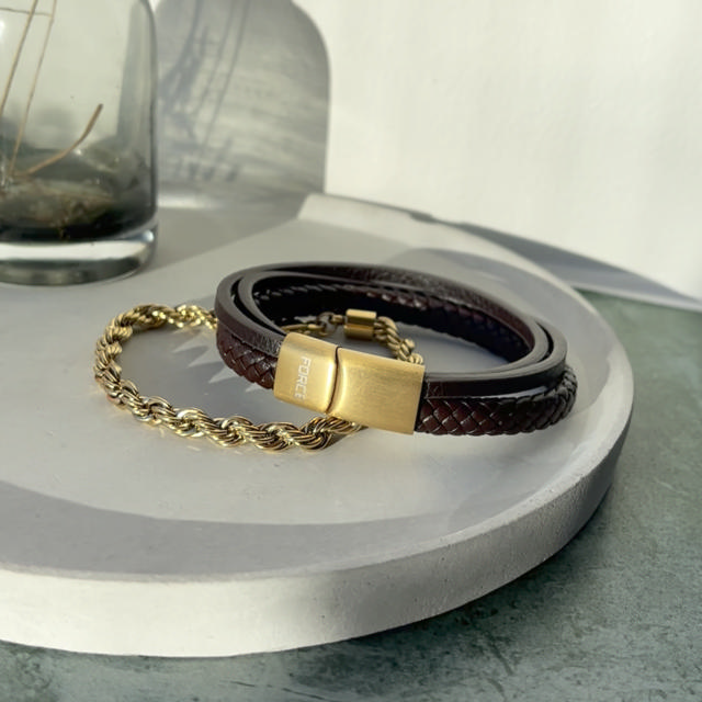 Force armbånd 3 rk. brunt læder fg stål lås 23 cm