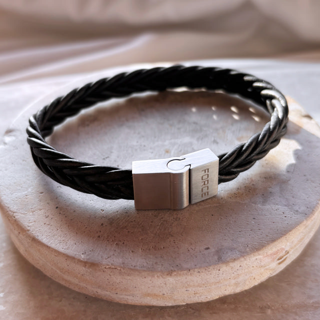 Force armbånd sort flettet læder stål lås 19 cm
