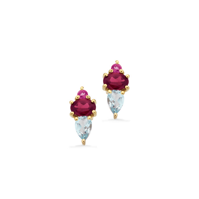 Øreringe pink/blå topas+rhodolit 8 kt.