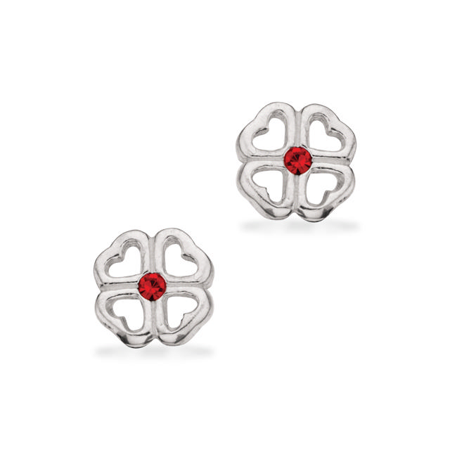 Ørepynt firkløver m. rød syn. cubic zir sølv