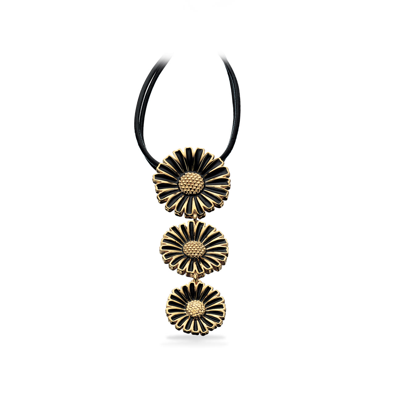 Vedh. 3x marguerit sølv-fg. sort m/læderkæde