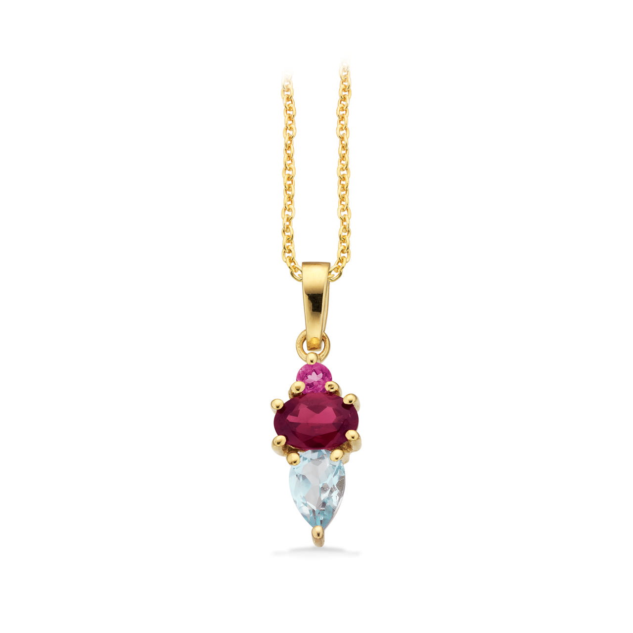 Vedhæng pink/blå topas +rhodolit 8 kt. m/sølvkæde