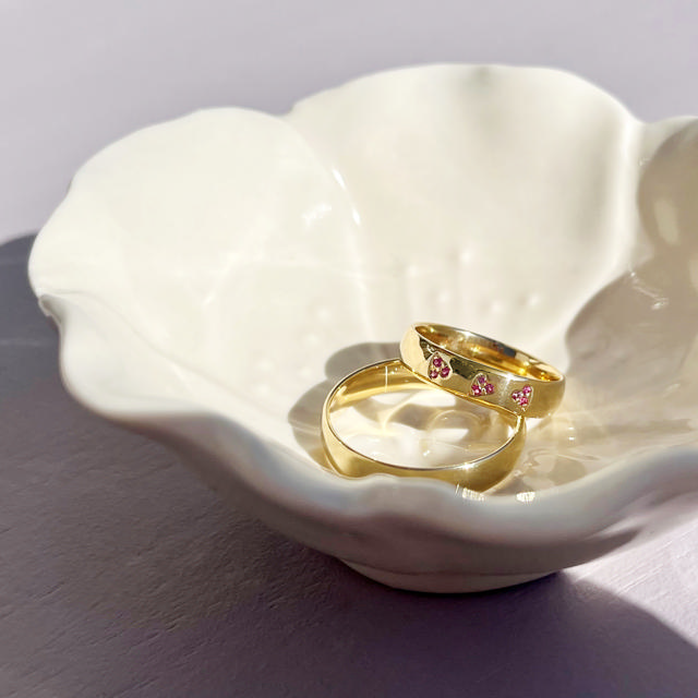 Hjerteringe triplehjerter  0,045 pink safir 8 kt.