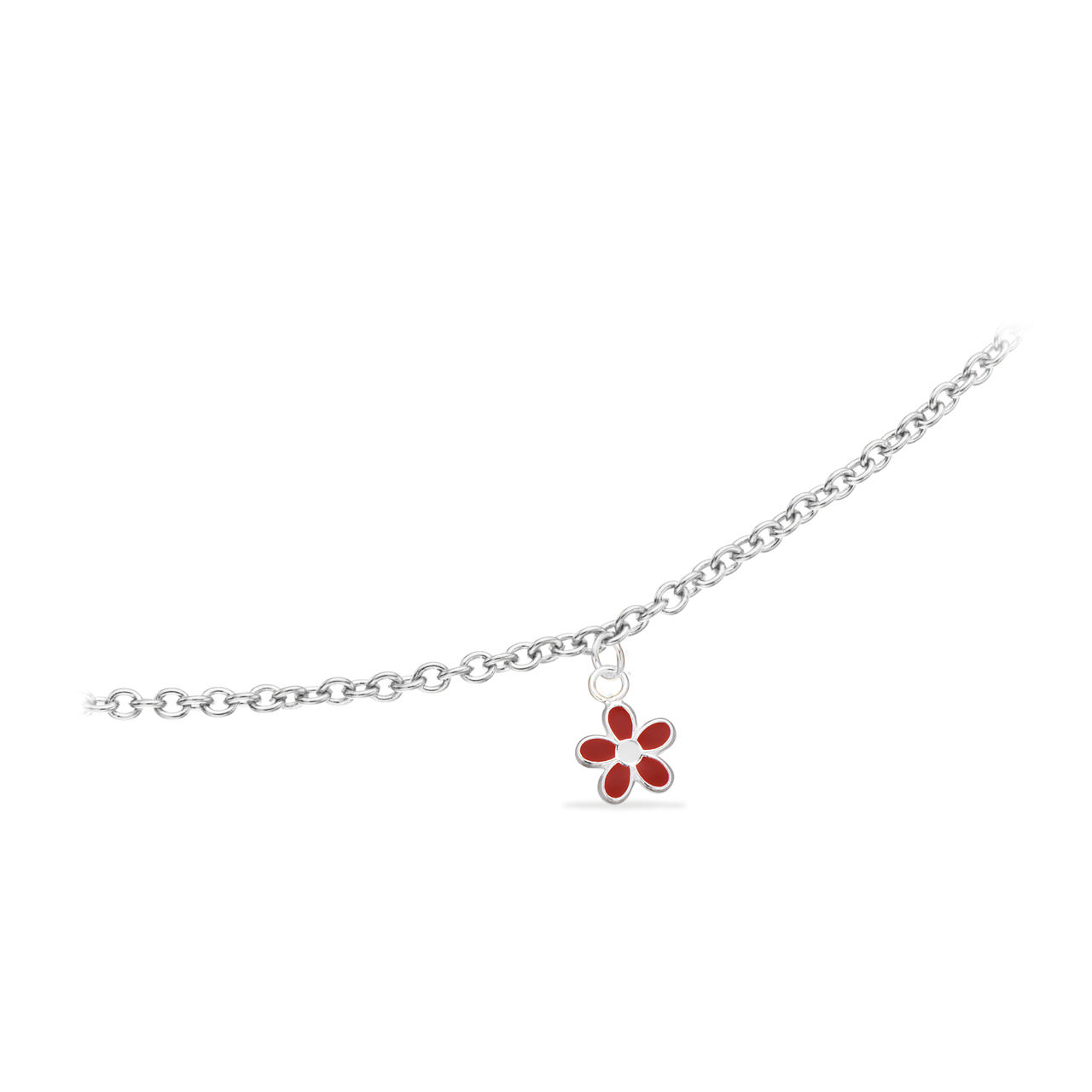 *Girls armbånd rød blomst sølv 14+2 cm.