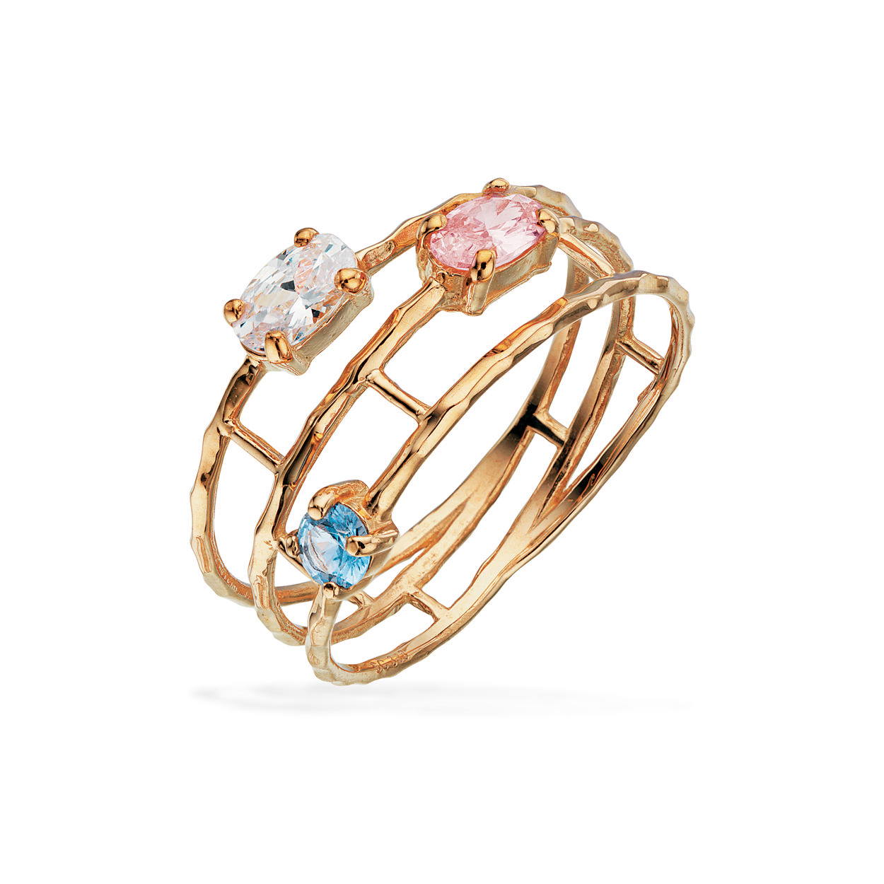 Ring 3 rk. multicolor cubic zir. 8 kt.