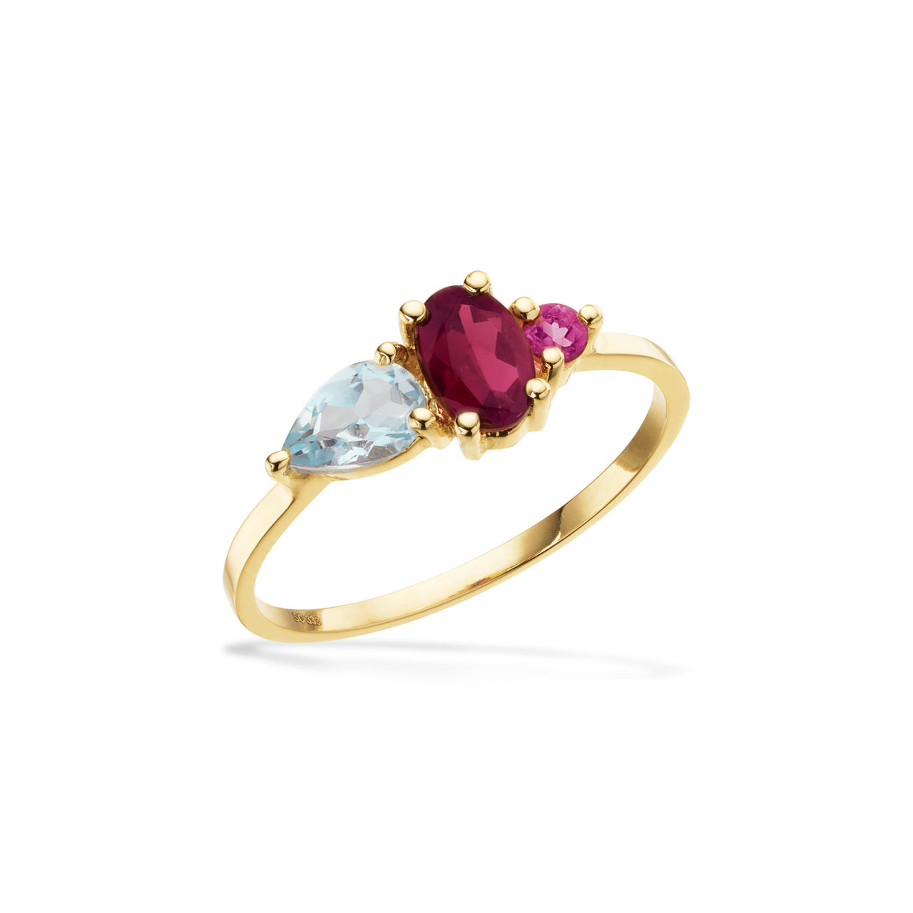 Ring pink/blå topas+rhodolite 8 kt.