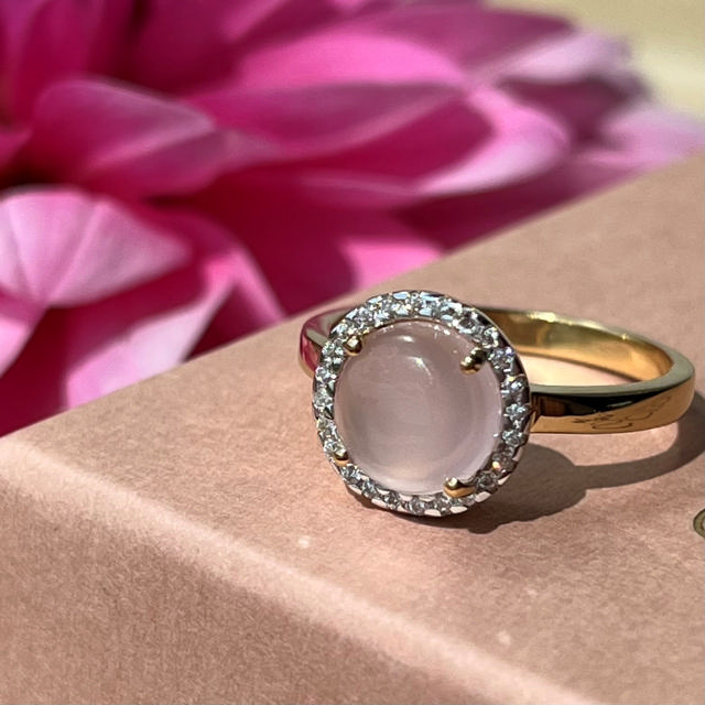 Ring syn. rosa quartz+cubic zir. sølv fg.