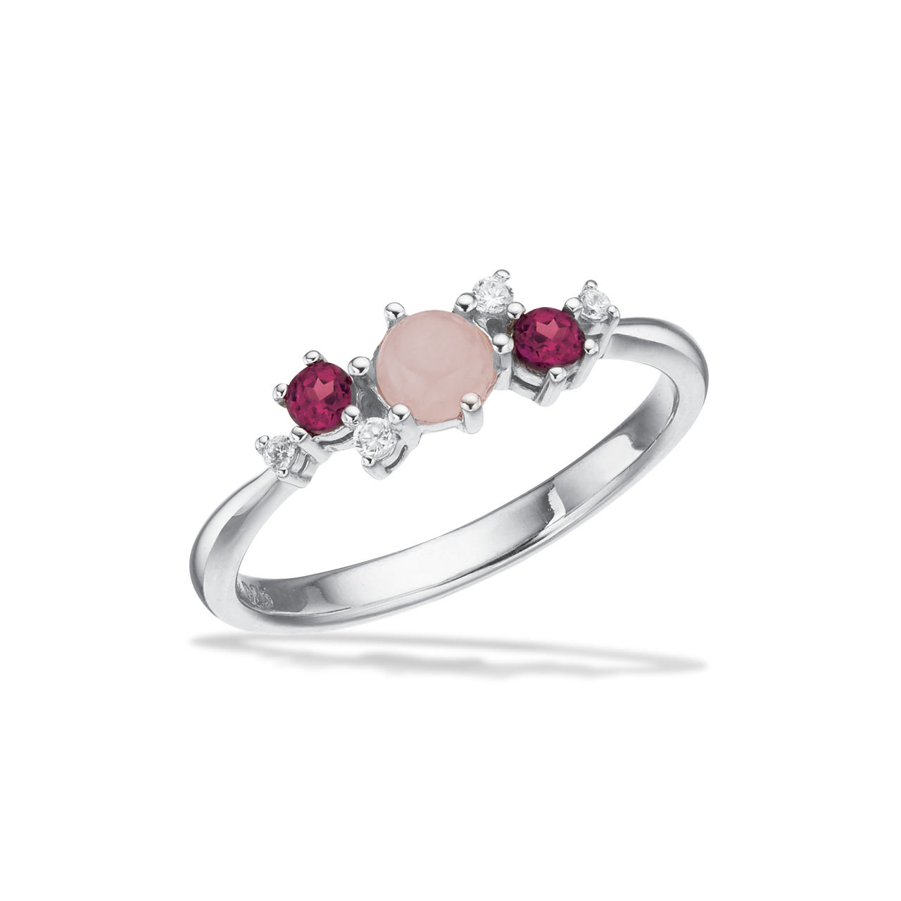 *Ring rhodolit/rosa quartz/cubic zir. sølv rh. 