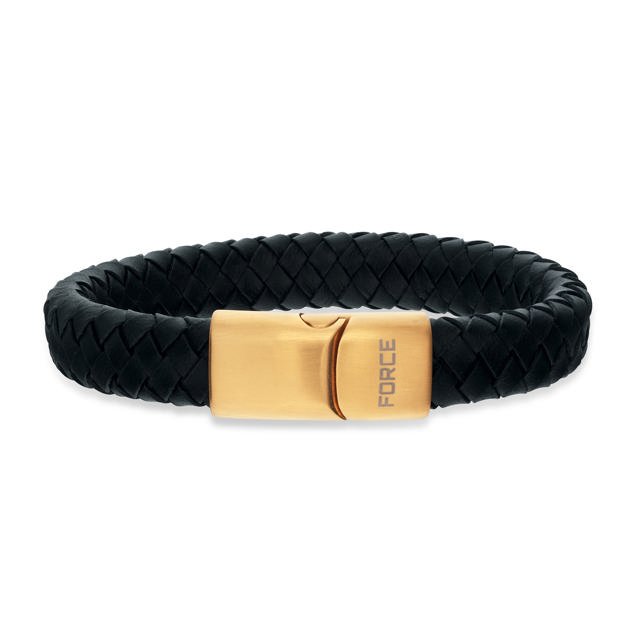 Bracelet black braided leather w/ goldplated lock