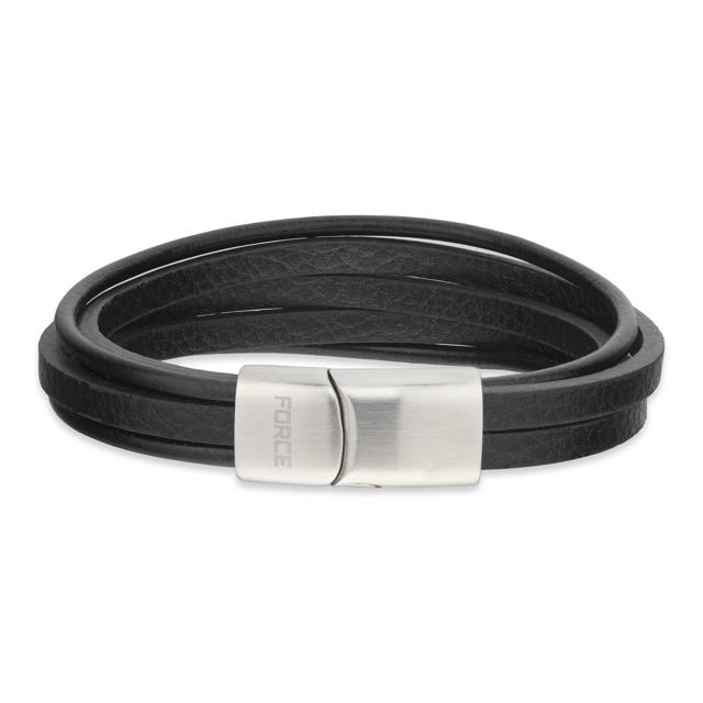 *Force armbånd 5 rk. sort læder stål lås 23 cm
