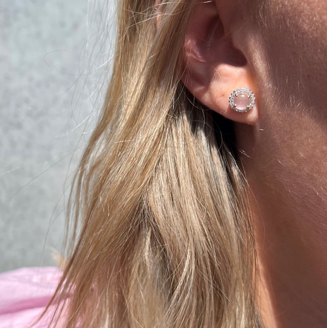 Øreringe syn. rosa quartz + cubic zir. sølv fg.