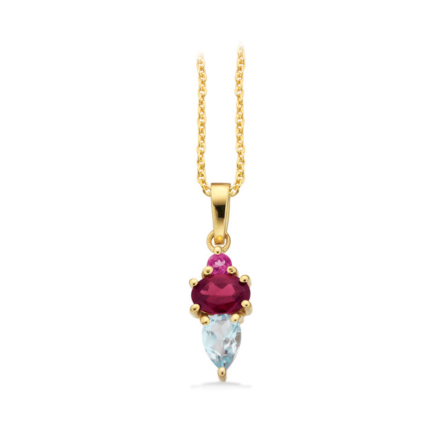Vedhæng pink/blå topas +rhodolit 8 kt. m/sølvkæde