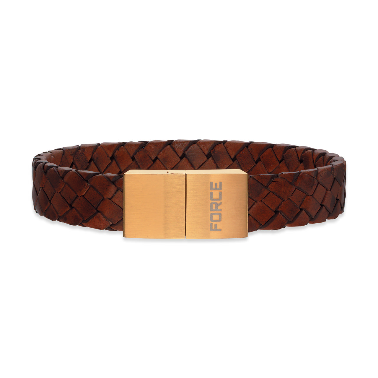 Bracelet brown braided leather w. goldplated lock