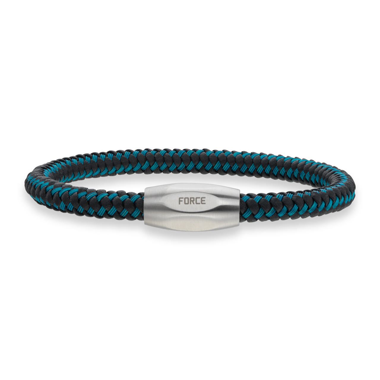 Bracelet blue cable / black leather 21 cm