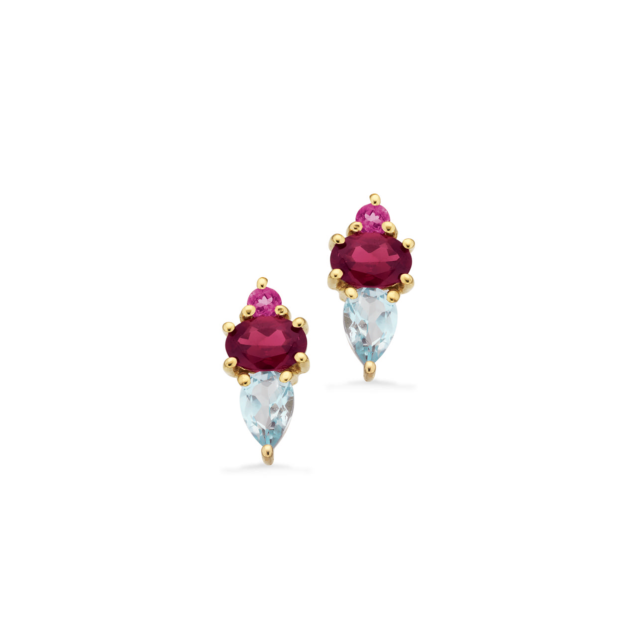 Øreringe pink/blå topas+rhodolit 8 kt.