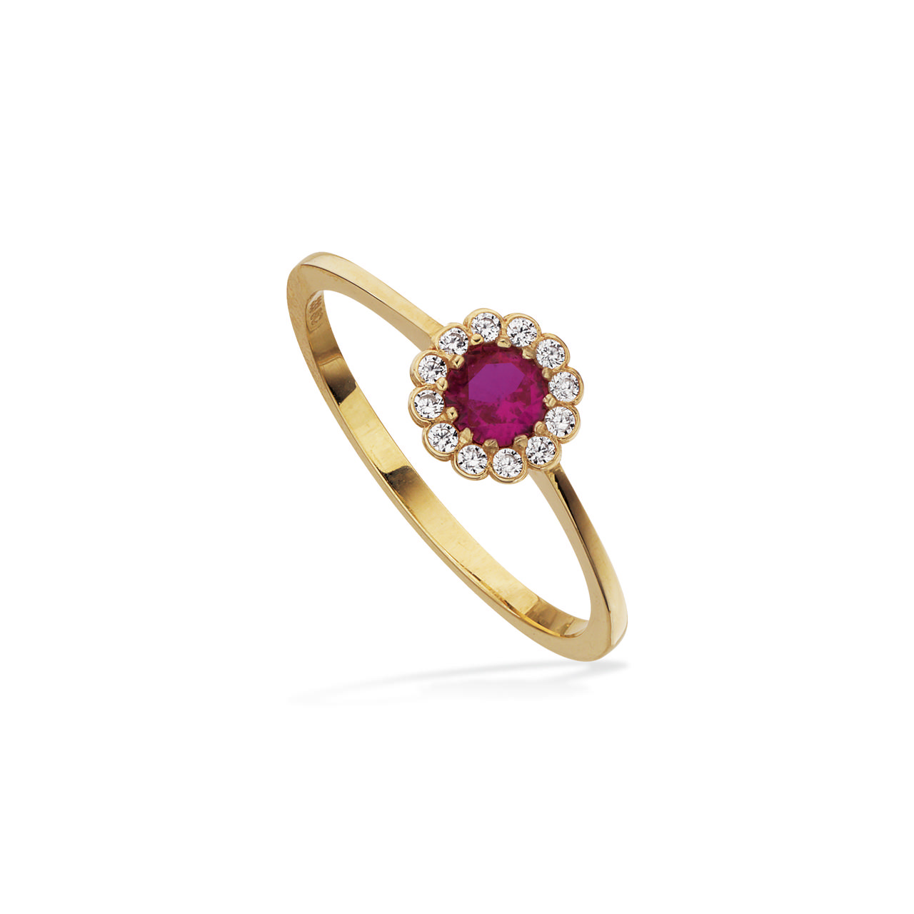Ring roset rød/hvid cubic zir. 8 kt.