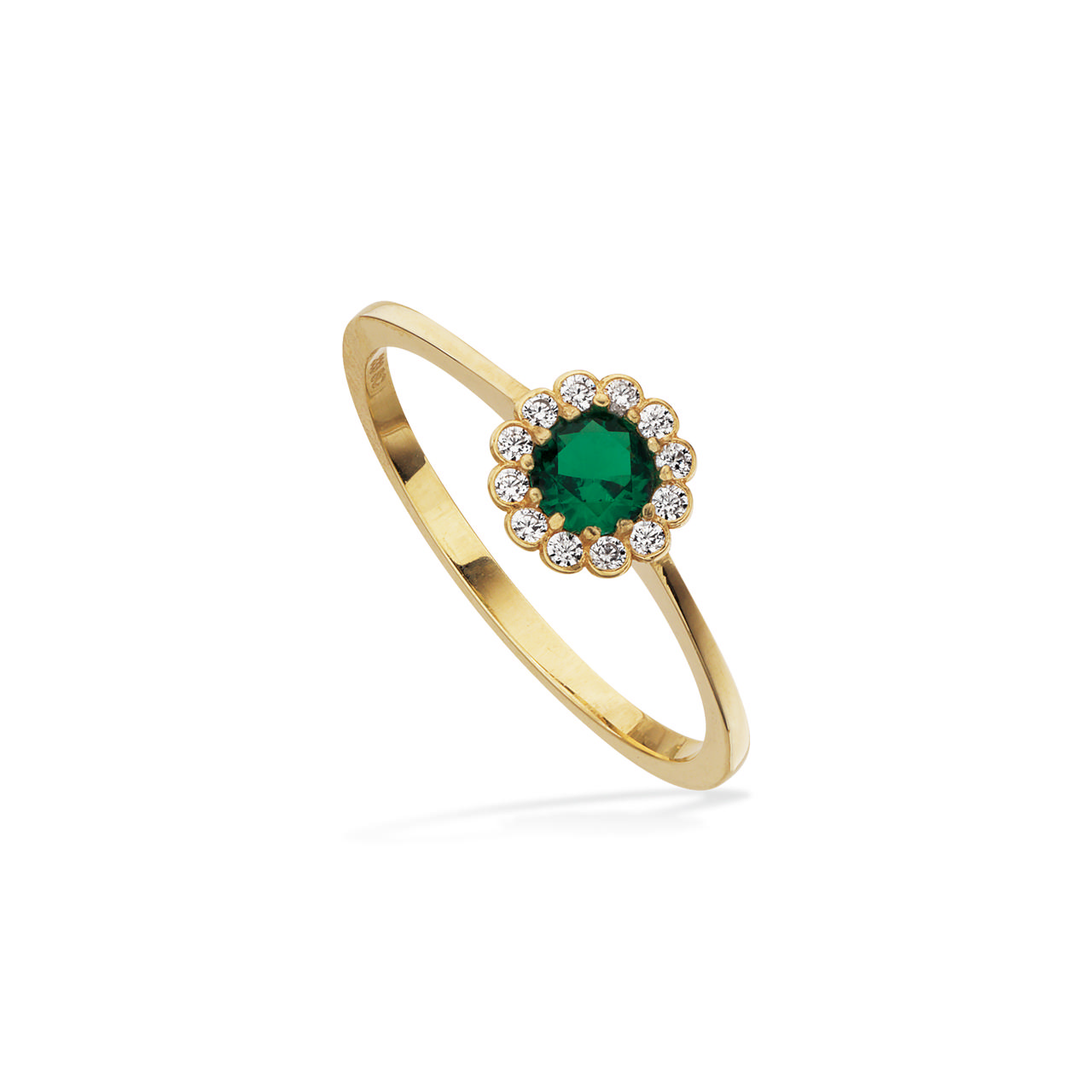 Ring roset grøn/hvid cubic zir. 8 kt.