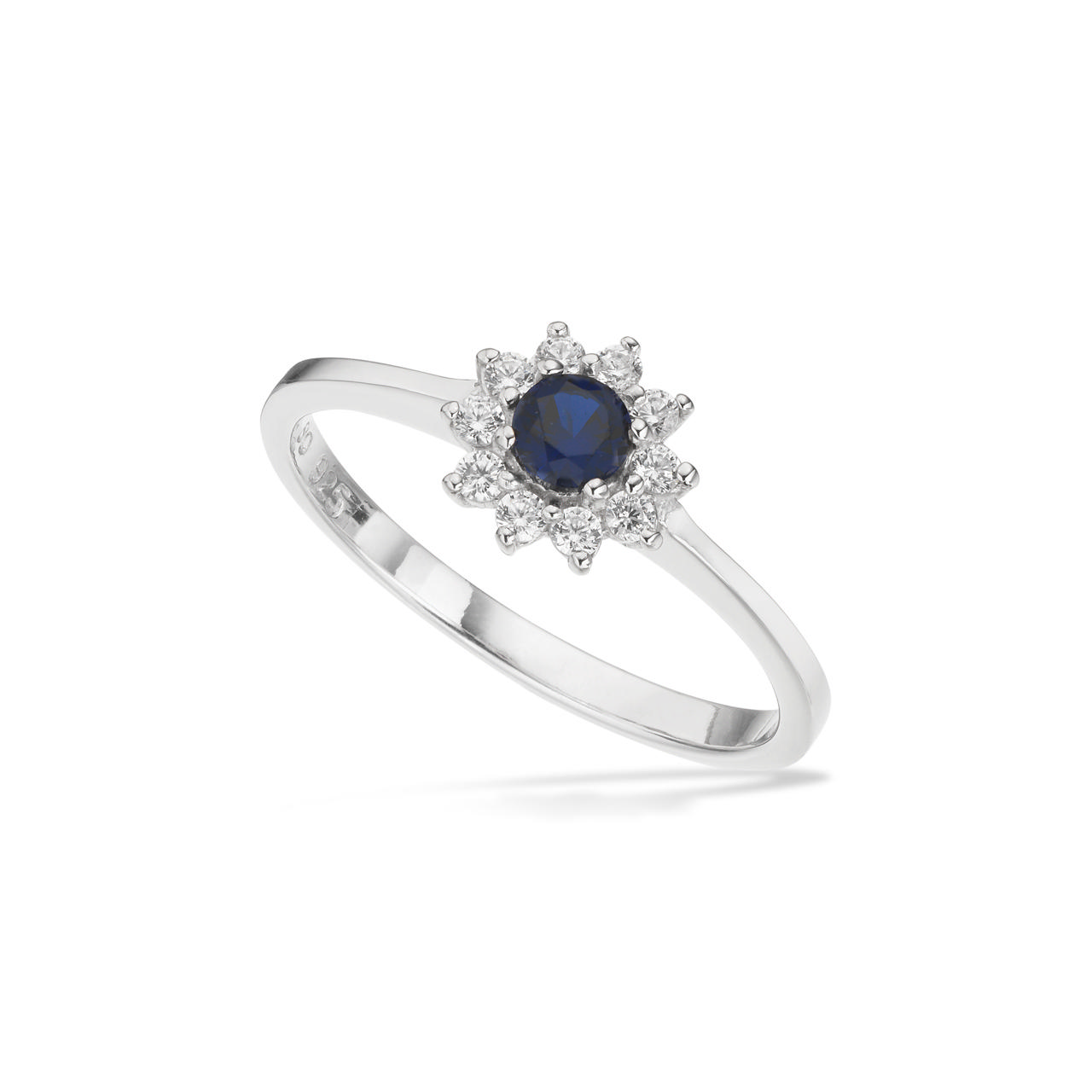 Ring roset blå/hvid cubic zir. sølv rh.