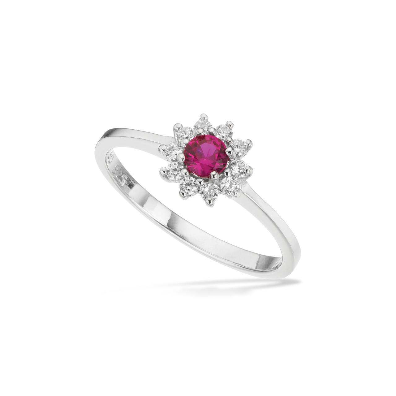 Ring roset rød/hvid cubic zir. sølv rh.