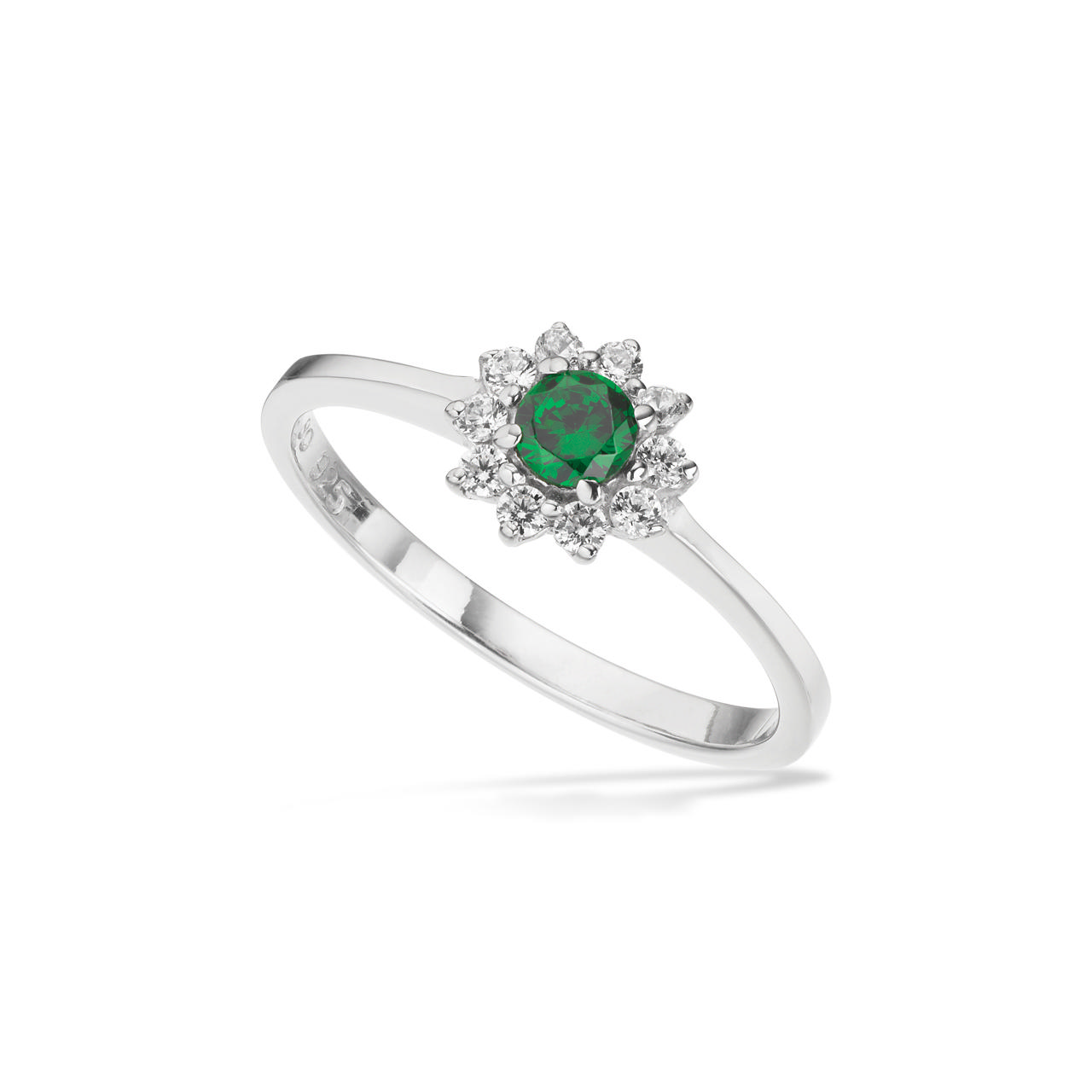 Ring roset grøn/hvid cubic zir. sølv rh.